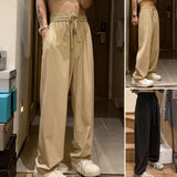 Riolio Men Cargo Pants Breathable Solid Color Pocket Loose Mid-waist Match Top Straight Vintage Men Trousers Men Garment