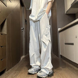 Riolio  Spring Autumn Men's Clothing Solid Color Elastic Pockets Drawstring High Waist Loose Casual Button Trousers Cargo Straight Pants