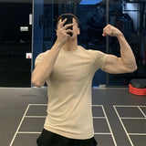Riolio  Ice Silk High Elastic Quick-drying Sports Short-sleeved Solid Color Fitness Clothes Men's Tight Round Neck T-shirt