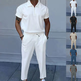 Riolio  Summer new European and American men's solid color suit lapel short sleeve zipper trouser suit