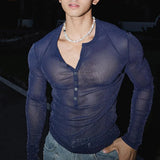 Riolio  Mens T-Shirts Shiny Glitter Sexy See-Through T-Shirts Streetwear Nightclub Stage Performance Fashion Long-Sleeve Tops Men'S Wear