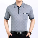 Riolio  Summer Middle-aged Elderly Men's Trend Lapel Button Printed Geometric Striped Pullover Casual Loose Short Sleeved T-shirts Tops