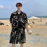 Riolio Summer Set Men Fashion Retro Print Set Men Korean Loose Flower Shirt Shorts Two-piece Set Mens Hawaiian Sets Large Size 5XL