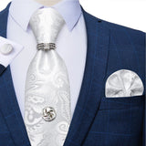Riolio Fashion Men's Tie Set Hanky Cufflink with Tie Tack Silver Ring 8cm Solid Classic Wedding Party Accessories Gravata Gift