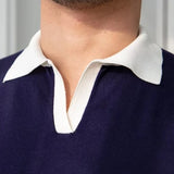 Riolio  Classic Mens Knitted Polo Shirts Slim Fit Short Sleeve Patchwork Polo Neck T Shirt  Summer Casual Breathable Knit Polo Shirt