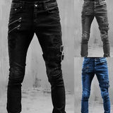 Riolio  Men's Retro Moto Biker Straight Elastic Jeans Zipper Distress Hole Punk Skinny Denim Cargo Pants Streetwear Y2K Hombre Trousers