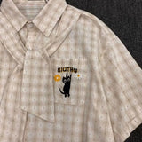 Riolio New Summer Retro American Men and Women Trendy Plaid Collar Short Sleeve College Casual Shirt Embroidered Plaid Loose Casual y2k