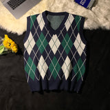 Riolio Spring Autumn Diamond Grid Candle Knitted Vest Men Women Loose Pullover Retro Outer Sleeveless Sweater Vest Aesthetic
