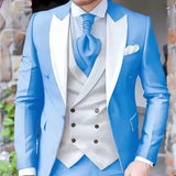 Riolio  Elegant Blue Men's 3-Piece Slim Fit Suit Set Tuxedo One-Button Blazer Vest Pant Party Outfit Wedding Dress Men Prom Suits