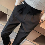 Riolio British Style Men High Waist Casual Dress Pant Men Belt Design Slim Trousers Formal Office Social Wedding Party Dress Suit Pants