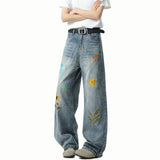 Riolio  Washed Embroidered Jeans Loose Fit Straight Wide Leg Casual Denim Pants Fashion Trendy Streetwear Trousers Comfort