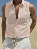 Riolio  Summer New Striped Sleeveless Shirt Men's Slim Breathable Collared Tank Top Lightweight Seersucker Textured Casual Open Vest