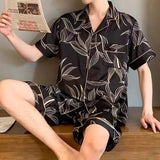 Riolio Men Ice Silk Pajama Set Sleepwear Nightclothes Black XL XXL 3XL Shirts Shorts Printed Feather Smooth Solid Color Casual