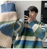 Riolio Autumn Winter Sweater Men Pullover Korean Style Male Striped Sweater Loose Knitted Sweater Trend Thick Top Mens Clothing