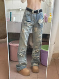 Riolio Summer American men and women street personality straight tube destructive jeans for couples loose retro washed casual pants y2k