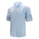 Riolio Men's Cotton Linen Long Sleeve Polo Shirt Lightweight Henley Neck Hawaiian Beach Style Solid Color Tops Vacation T-shirt