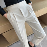 Riolio British Style Men High Waist Casual Dress Pant Men Belt Design Slim Trousers Formal Office Social Wedding Party Dress Suit Pants