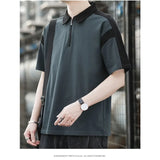 Riolio  Men Gray Black Contrast Half Zip Polo Shirt Loose Casual Cotton Short Sleeve Summer Top
