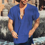 Riolio  New Fashion Cotton Linen Mens Shirts Casual Solid Color V-neck Long Sleeve Blouse Thin Summer Oversized Loose Shirts For Men