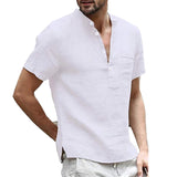 Riolio Summer Fashion Cotton Linen Casual T-Shirts Casual Male Short Sleeve V-Collar Breathable Men's Tee Button-up T S-5XL