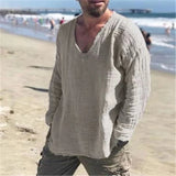Riolio  Spring Summer Fashion Men Cotton Linen T-shirts Vintage Solid Casual Loose Oversized Tees Tops V-neck Long Sleeve T-Shirts Man