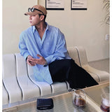 Riolio Men's Blue Vertical Striped Long-Sleeved Shirt, Korean Style High Quality Casual  Shirt Coat， Travel ，Hiking