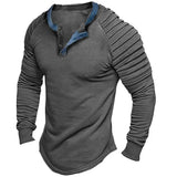 Riolio  Spring Autumn Vintage Henry Collar Mens T-shirts Casual Button Pleated Long Sleeve Tee Men Leisure Solid Loose Pullover Tops