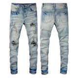 Riolio  Autumn and Spring Fashion Trend American Vintage Straight Leg Ripped Blue Jeans for Men Loose Sports High Quality Denim Pants