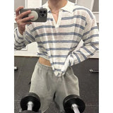 Riolio  New Japanese Striped Male Polo Shirt Trendy Loose V Neck Knitted Long Sleeve T-shirt Casual Lazy Sports Fitness Basic Tops M-3XL