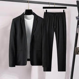 Riolio 2Pcs Men Blazer Pants Set Spring Fashion Suit Stripe Pleats Long Sleeve Turndown Collar Jacket Drawstring Trousers for Wedding