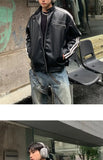 Riolio Retro Leather Jacket Men Women  American Patchwork Strip Racing Outerwear Loose Hip Hop Zippers Brown PU Coat Streetwear Spring