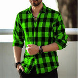 Riolio New Polo Collar 3D Printed Casual Slim Fit Long Sleeve Checkered Digital Printed Shirt Men's Shirt Comfortable Fabric