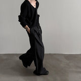 Riolio  Men's Black Wide Leg Pants Double Pleated Design Casual Business Trousers with Drape Effect Loose Straight Leg Streetwear Pants