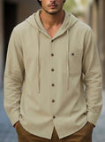 Riolio  Men's Casual Button Down Hooded Shirt Long Sleeve Cotton Blend Drawstring Top with Pocket