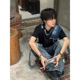 Riolio American summer high street men and women trendy denim patchwork round neck short sleeved couple hip-hop loose casual T-shirt