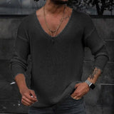 Riolio Men Spring V Neck Rib Bottoming T-shirts Pullover Autumn Long Sleeve Slim Fit Tees Tops Simple Casual Plain Thin Knit Shirt