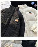 Riolio  American winter new men and women trendy personalized striped corduroy jacket for couples loose retro thick casual top harajuku