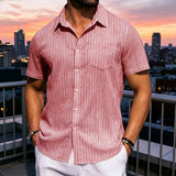 Riolio  Men's New Fashion Striped Breathable Short Sleeve Shirt, Lapel Collar Casual Tops, Lightweight Soft Summer Daily Stylish Shirt