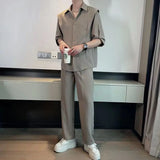 Summer Ice Silk Men's Suits Casual Short Sleeve Shirt And Pants Two-piece Set Ruffled  Handsome Draped Korean Style Loose Set