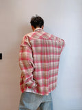 Riolio Plaid Shirts Men Autumn Chic Baggy Contrast Color Raw Edge Long Sleeve Japanese Style Handsome Youthful Popular Males Clothing