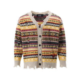 Riolio Retro Rainbow Striped Cardigan Sweater Men's Autumn New Trendy Su Outwear Y2k Knitwears Oversize Raw Edges Frayed Sweatercoat