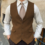 Riolio  Men Vest Blue Herringbone Solid Color Single Button Waistcoat For Wedding Business Banquet Work Formal Men Suit Vest
