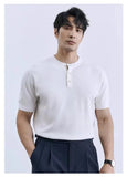 Riolio New Fashion American Style Men T-shirt Luxury Striped Knitted Henry Collar Tees Casual Solid Color Short Sleeve Breathable Tops