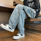 Riolio  Straight Leg Jeans Elastic Waist 2025 New Patchwork Design Utility Cargo Pants Men Big Side Pockets Autumn Workwear Trousers