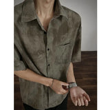 Riolio  Men Solid Color Turn Down Collar Short Sleeve Shirt Chest Pocket Loose Fit Textured Casual Button Up Top
