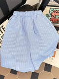 Riolio  Blue Striped Beach orts ex Summer Loose Casual Dstring Mid-Thigh Beach Vaion Couple's Five-Quarter Length Pants