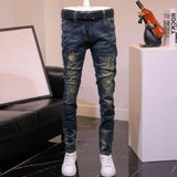 Riolio Trousers Torn Stretch with Holes Male Cowboy Pants Slim Fit Jeans for Men Tight Pipe Broken Elastic Skinny Ripped Summer Denim