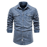 Riolio  Cotton Men Denim Shirts Double Pocket Solid Color Casual Male Cowboy Shirts New Autumn Slim Quality Shirts for Men