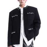 Riolio  Mens Y2k Faux Pearl Detail Padded Shoulder Casual Jacket Autumn Streetwear Fashion Minimalist Youth City Boy Outerwear