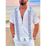Riolio Fashion new men's shirt Hawaiian shirt geometric print Cuba collar white Hawaiian short sleeve plus size high quality coat